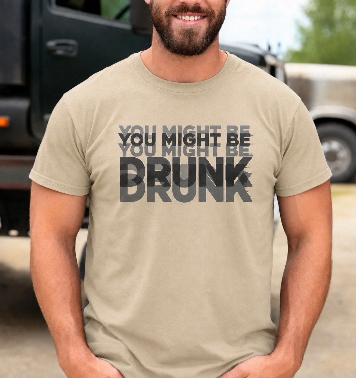You Might Be Drunk optical illusion unisex graphic T-shirt in Sand