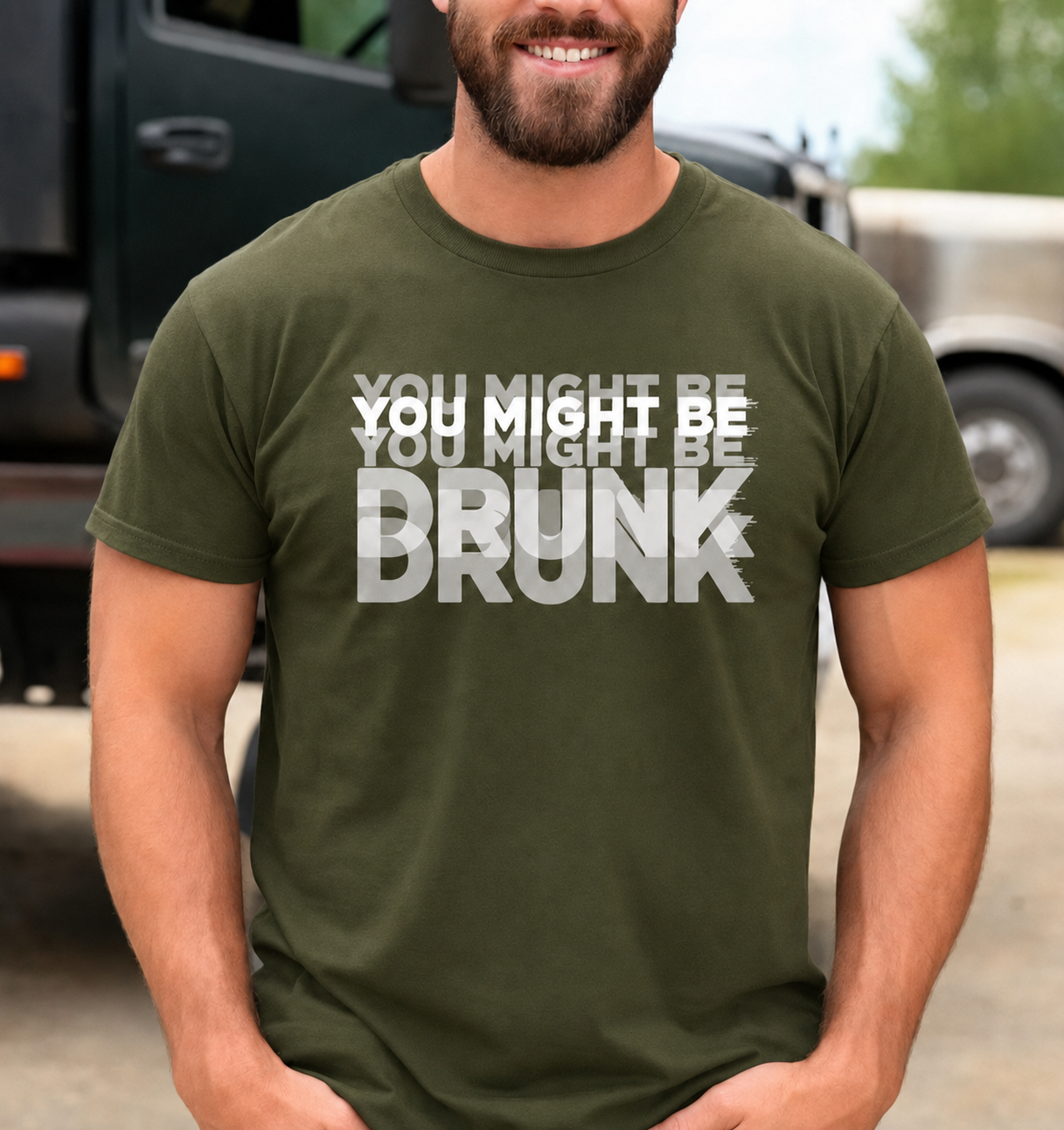 You Might Be Drunk optical illusion unisex graphic T-shirt in Military Green